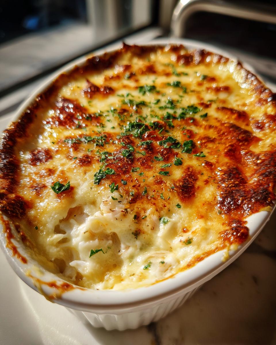 Close-up of a bubbling hot crab dip with a golden, browned cheese crust, garnished with parsley.