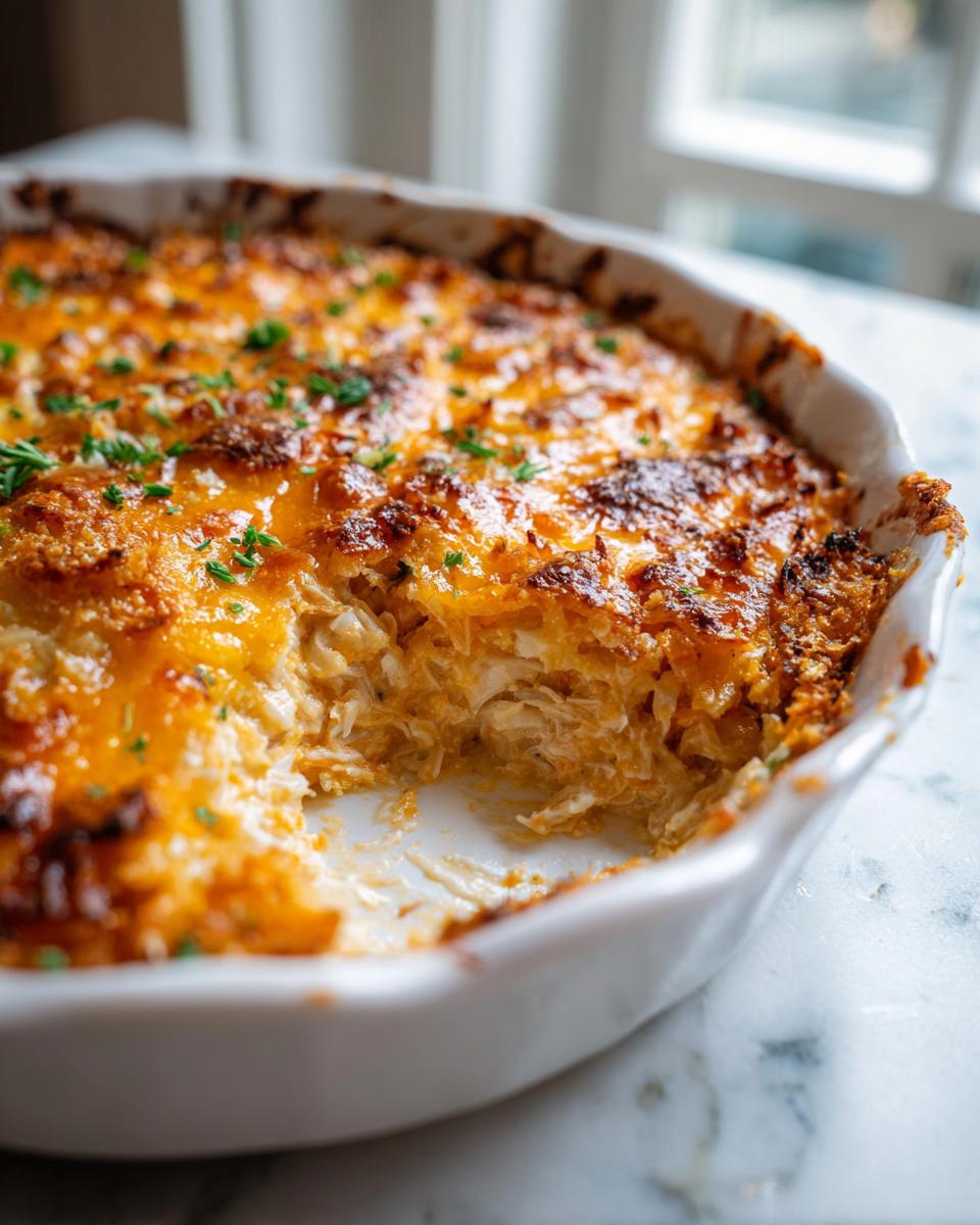 A scoop has been taken out of a baked hot crab dip recipe, showing creamy texture under a bubbly, browned cheese crust.