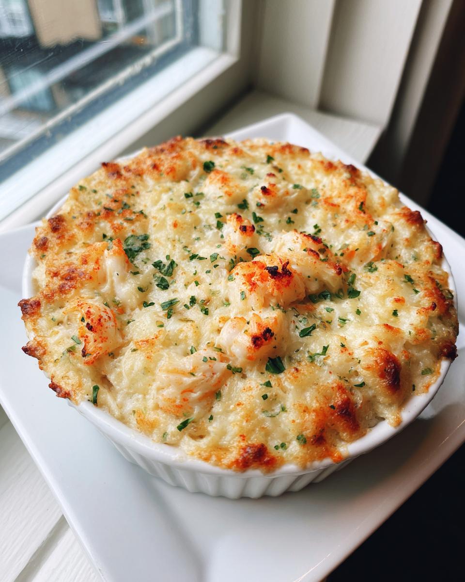 Close-up of hot, baked Maryland Crab Dip served in a white ramekin, topped with melted cheese and parsley.
