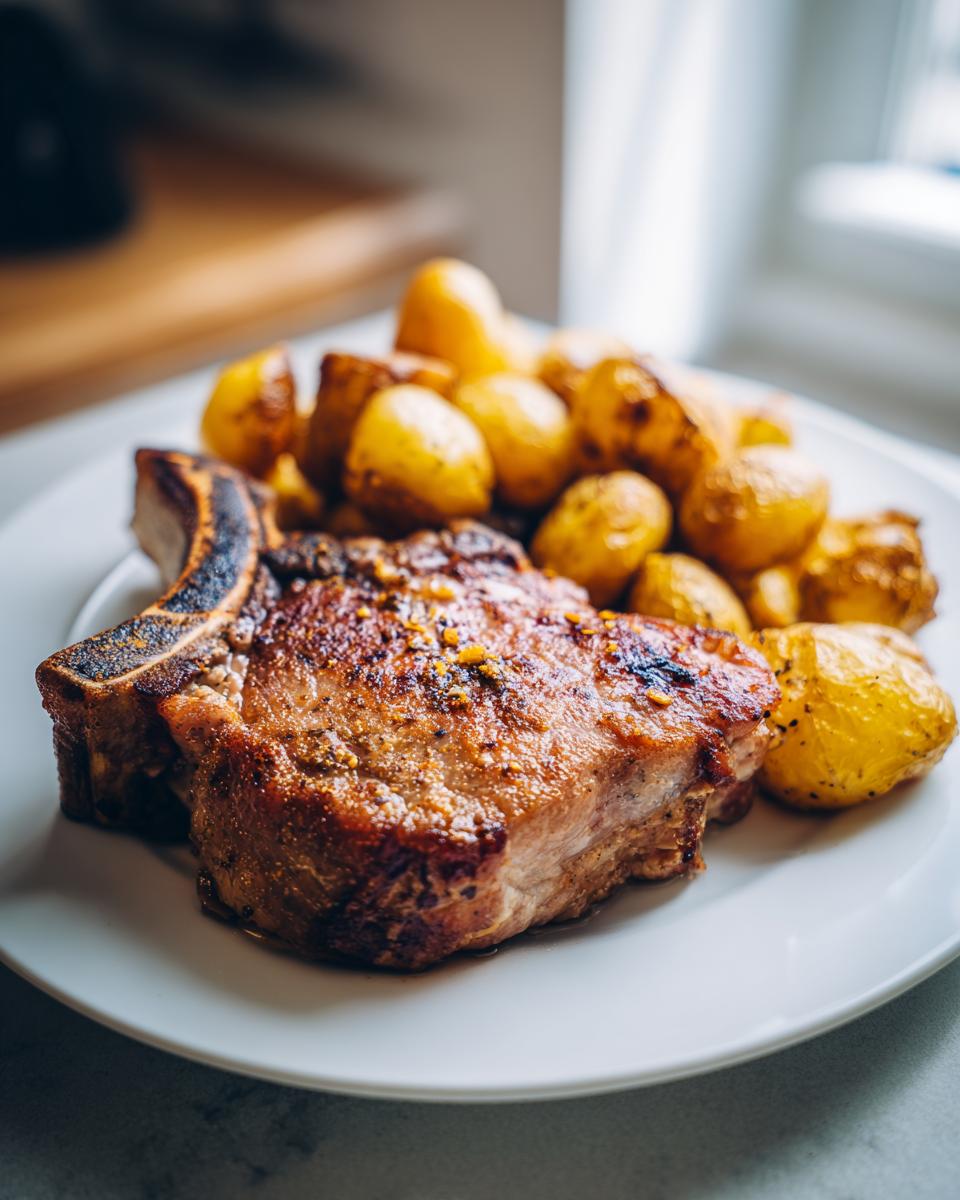 A close-up of a thick, seared bone-in pork chop served next to roasted golden potatoes, showcasing baked pork chops and potatoes.