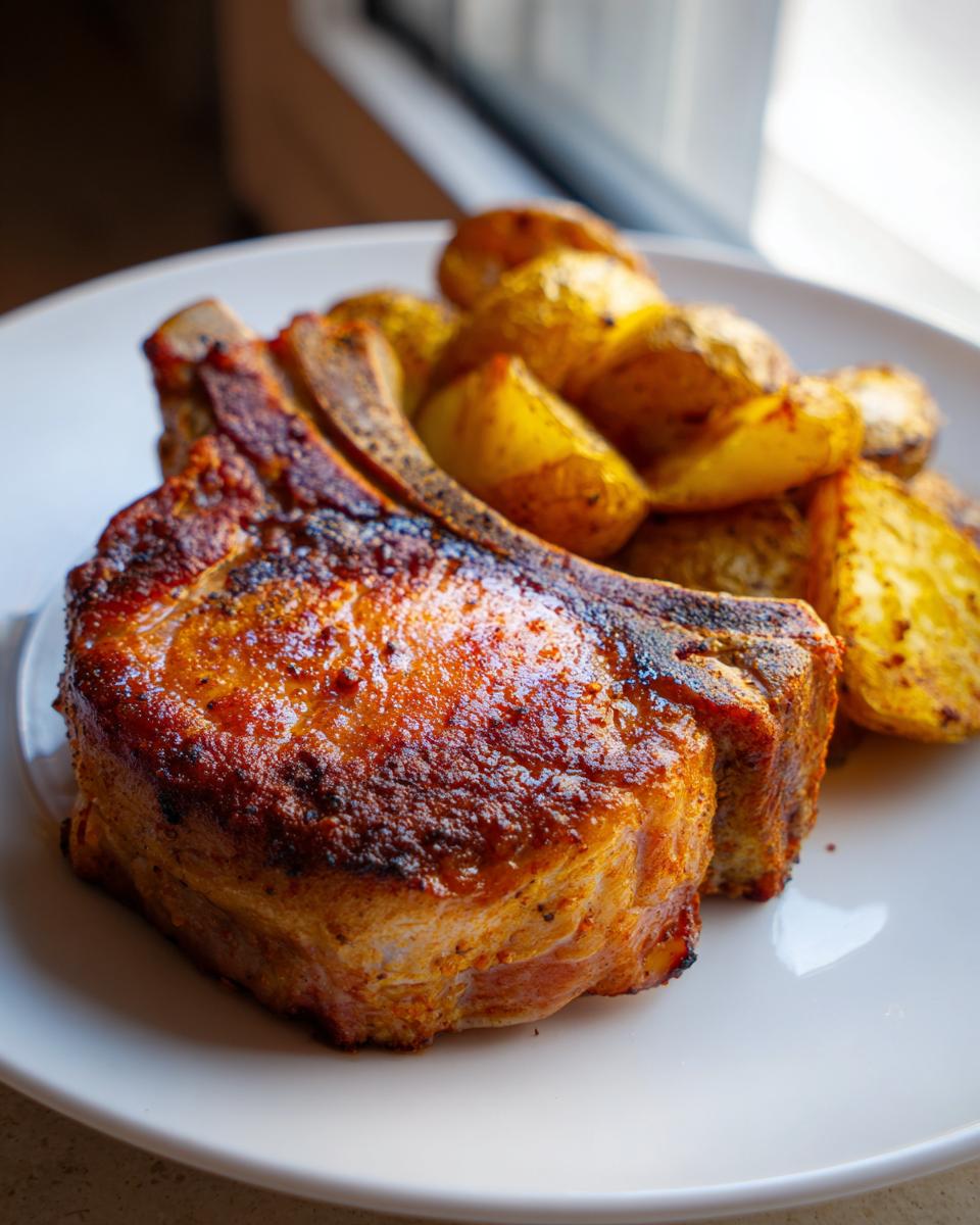 Close-up of a thick, perfectly seared baked pork chop and roasted potatoes on a white plate.