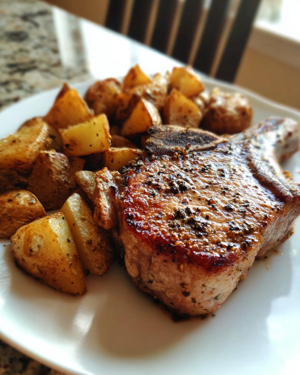 Close-up of a juicy, seasoned baked pork chop next to golden roasted potatoes on a white plate.