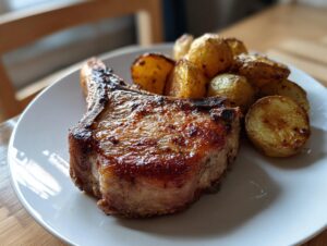 A close-up of a perfectly seared baked pork chop and roasted potatoes served on a white plate.