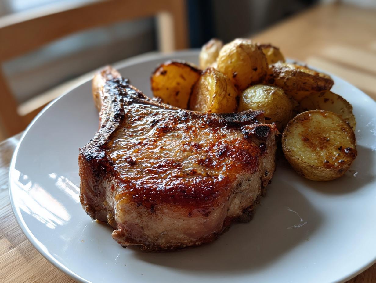 A close-up of a perfectly seared baked pork chop and roasted potatoes served on a white plate.