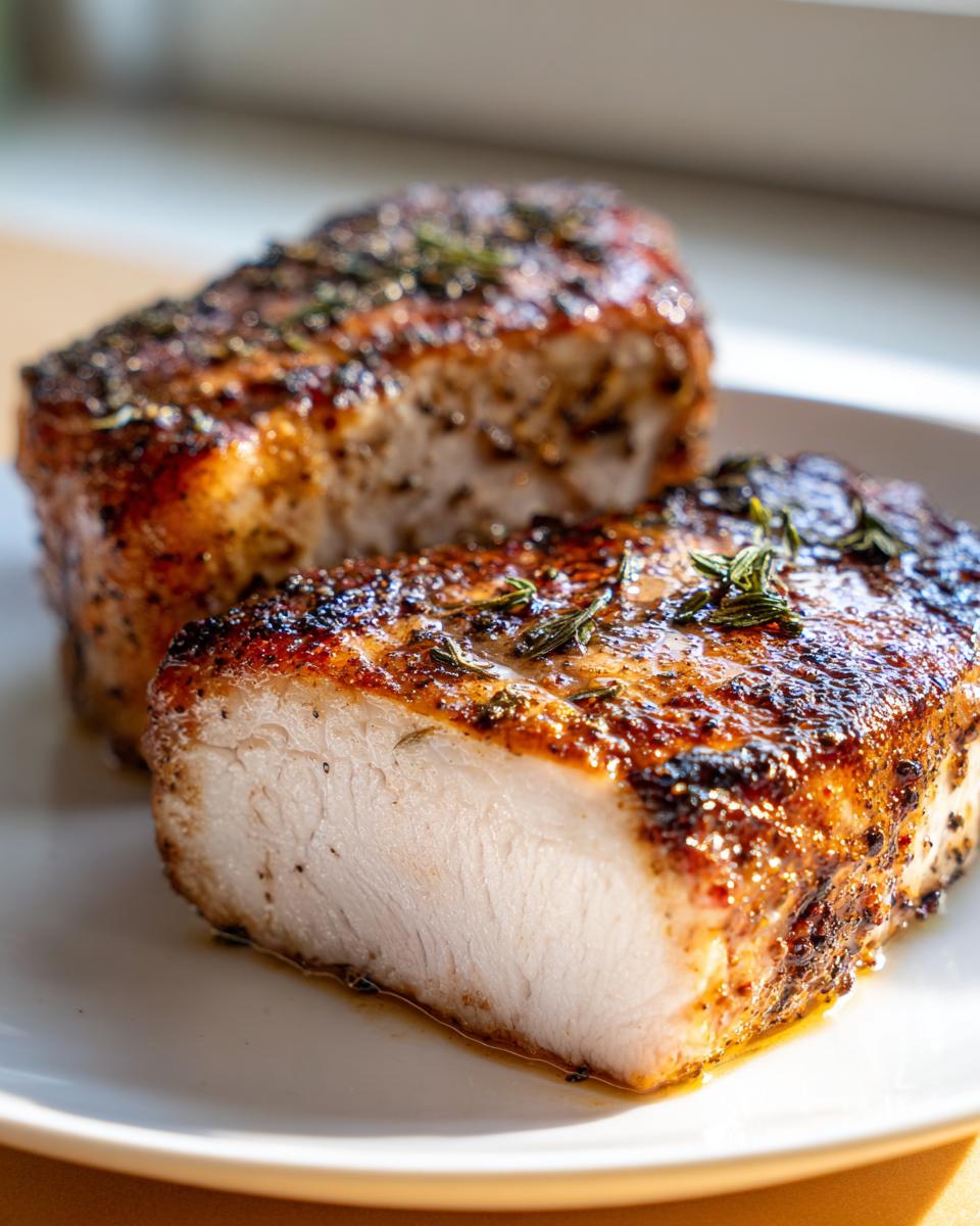 Close-up of two juicy baked pork chops oven boneless, showing the perfectly cooked white interior and seasoned, browned exterior with herbs.