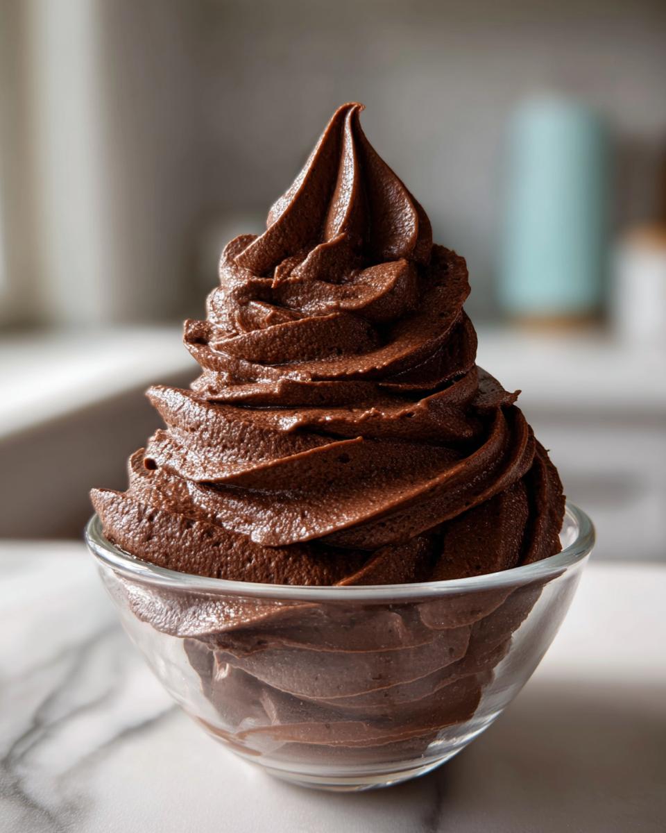 A tall, perfectly piped swirl of rich, dark chocolate buttercream frosting in a small glass bowl.