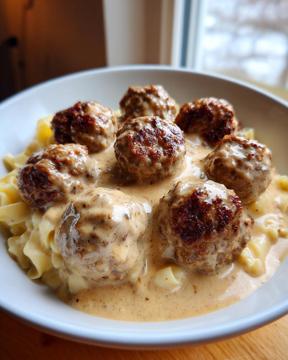 Close-up of seven browned Swedish meatballs smothered in creamy gravy served over egg noodles.