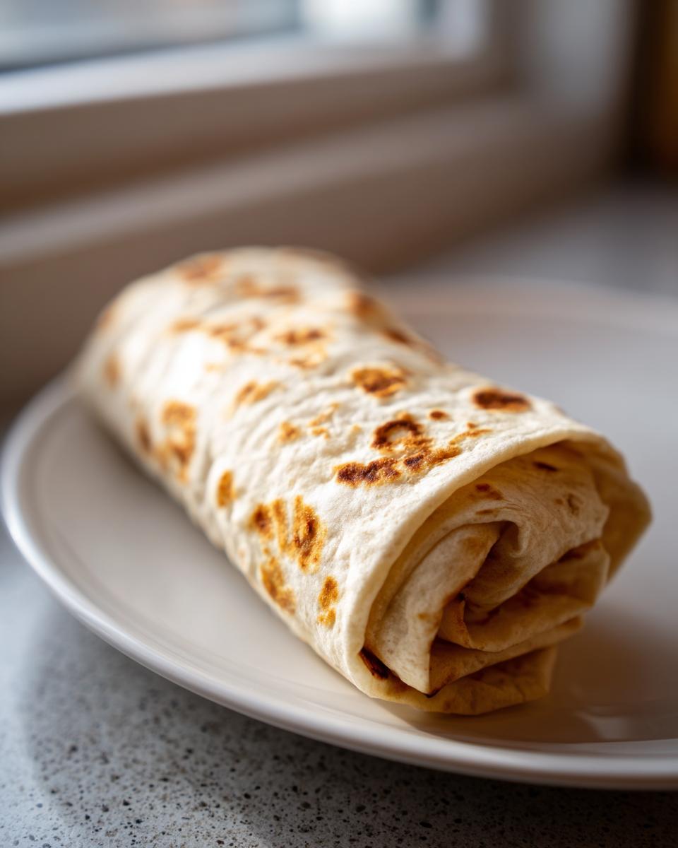A close-up of a freshly rolled black bean and rice burrito resting on a white plate near a window.