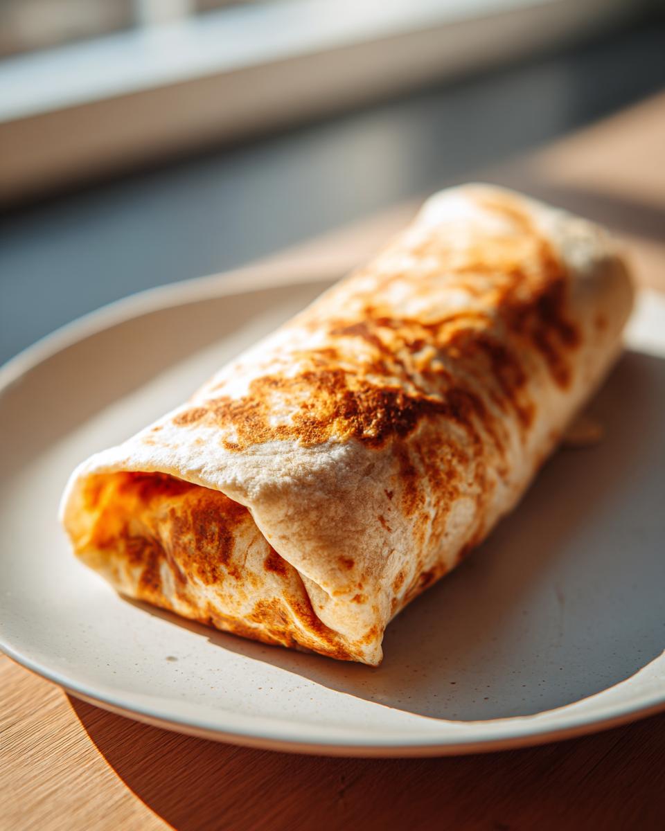 A perfectly grilled black bean and rice burrito resting on a light-colored plate, showing a golden-brown toasted tortilla.