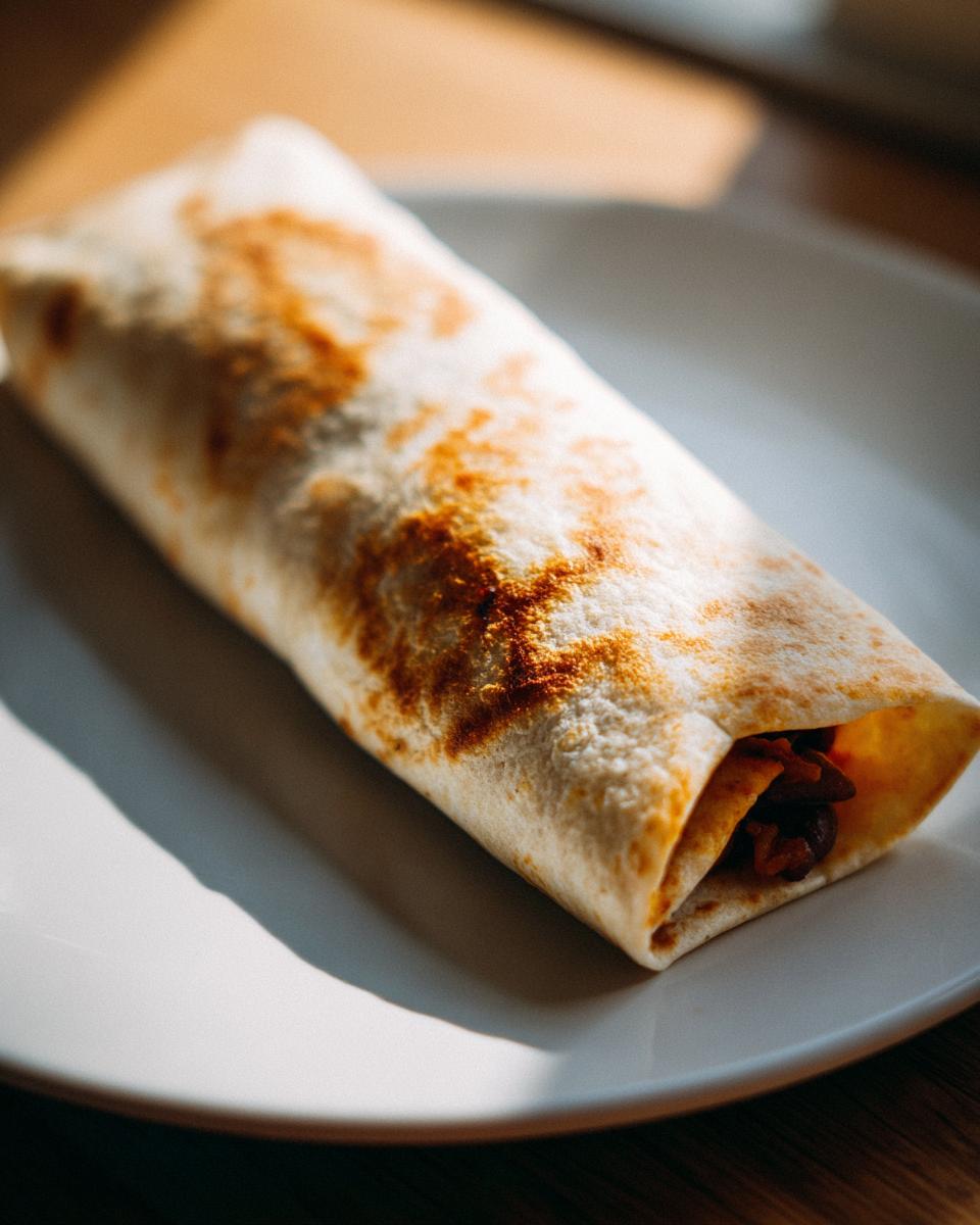 A close-up of a golden-brown, grilled black bean and rice burrito resting on a white plate.