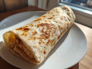 A golden-brown, tightly wrapped black bean and rice burrito resting on a white plate.