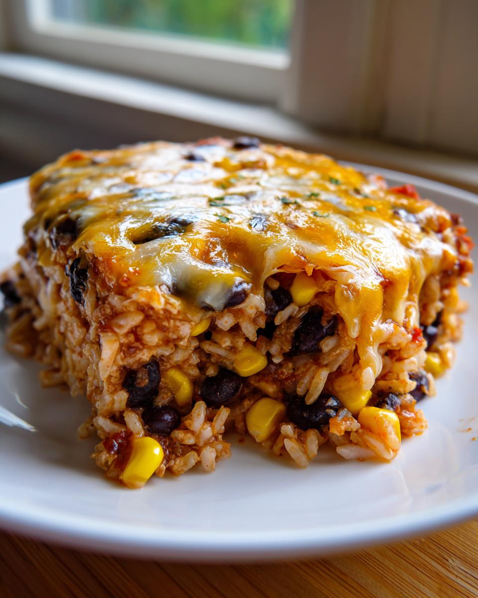 A square serving of black bean and rice casserole topped with melted cheddar and Monterey Jack cheese.