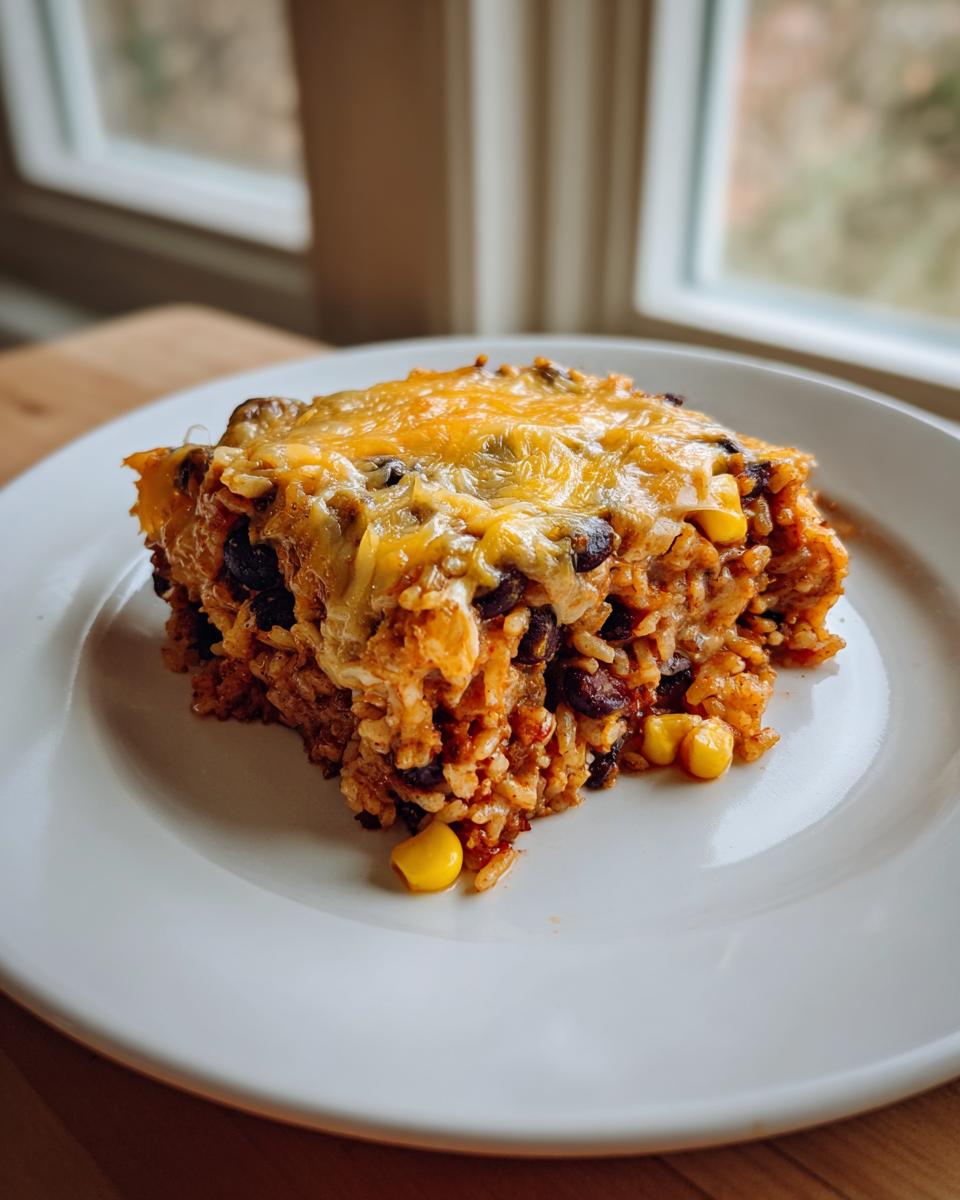 A square serving of cheesy black bean and rice casserole, featuring black beans and corn, on a white plate.