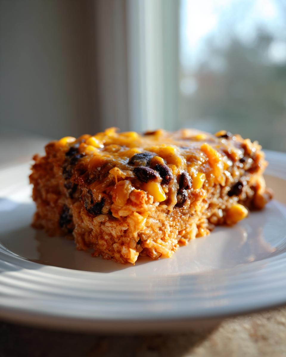 A square serving of cheesy black bean and rice casserole topped with melted cheese and visible black beans.