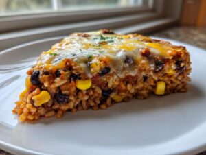 A close-up slice of baked black bean and rice casserole topped with melted cheese and herbs.