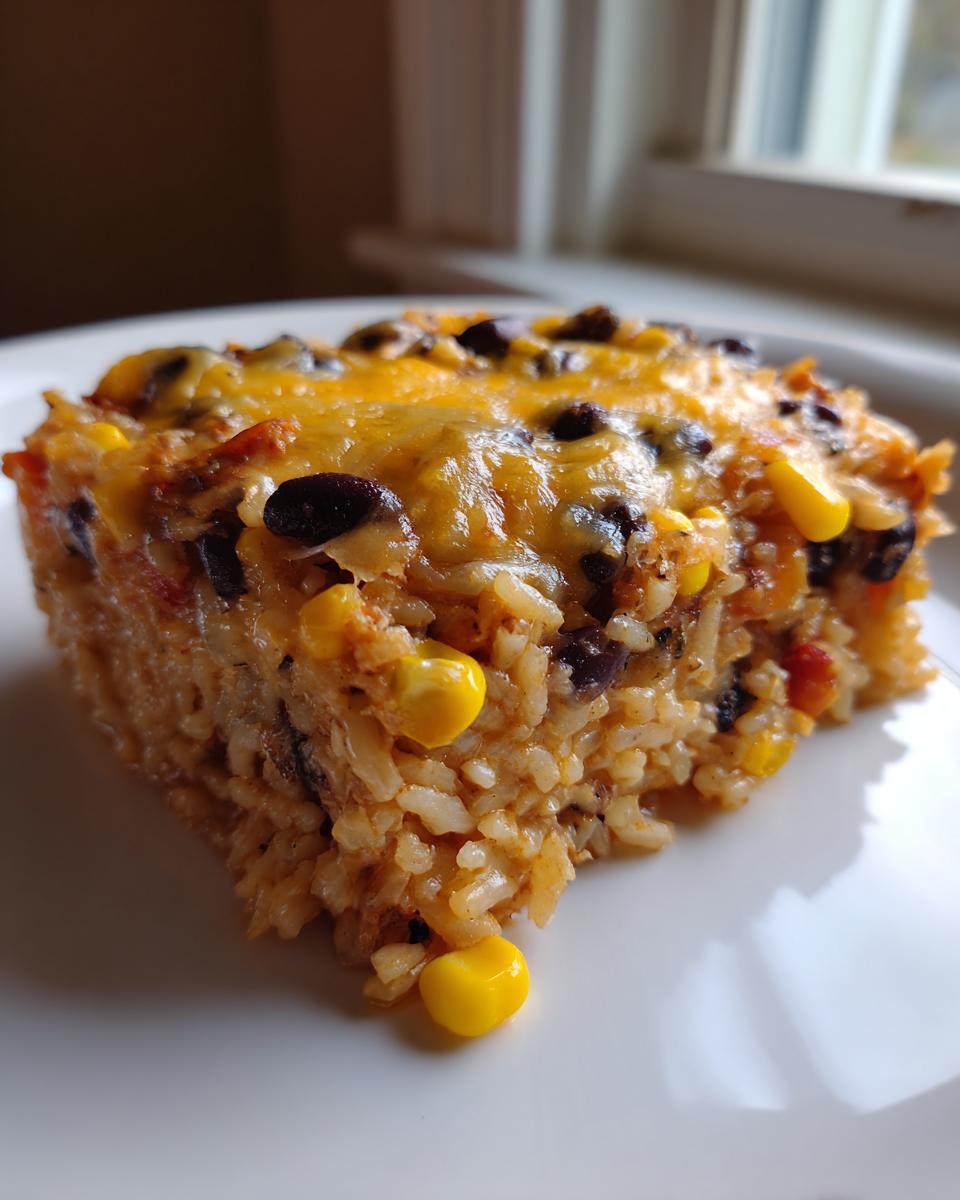 A square serving of cheesy black bean and rice casserole topped with melted cheddar, black beans, and corn kernels.