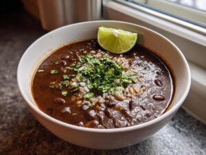 A close-up of a bowl of rich black bean and rice soup, topped with fresh cilantro and a lime wedge.