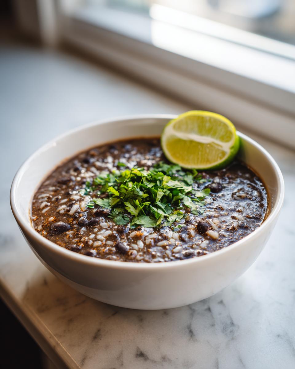 A white bowl filled with thick black bean and rice soup, topped with fresh cilantro and a lime wedge.
