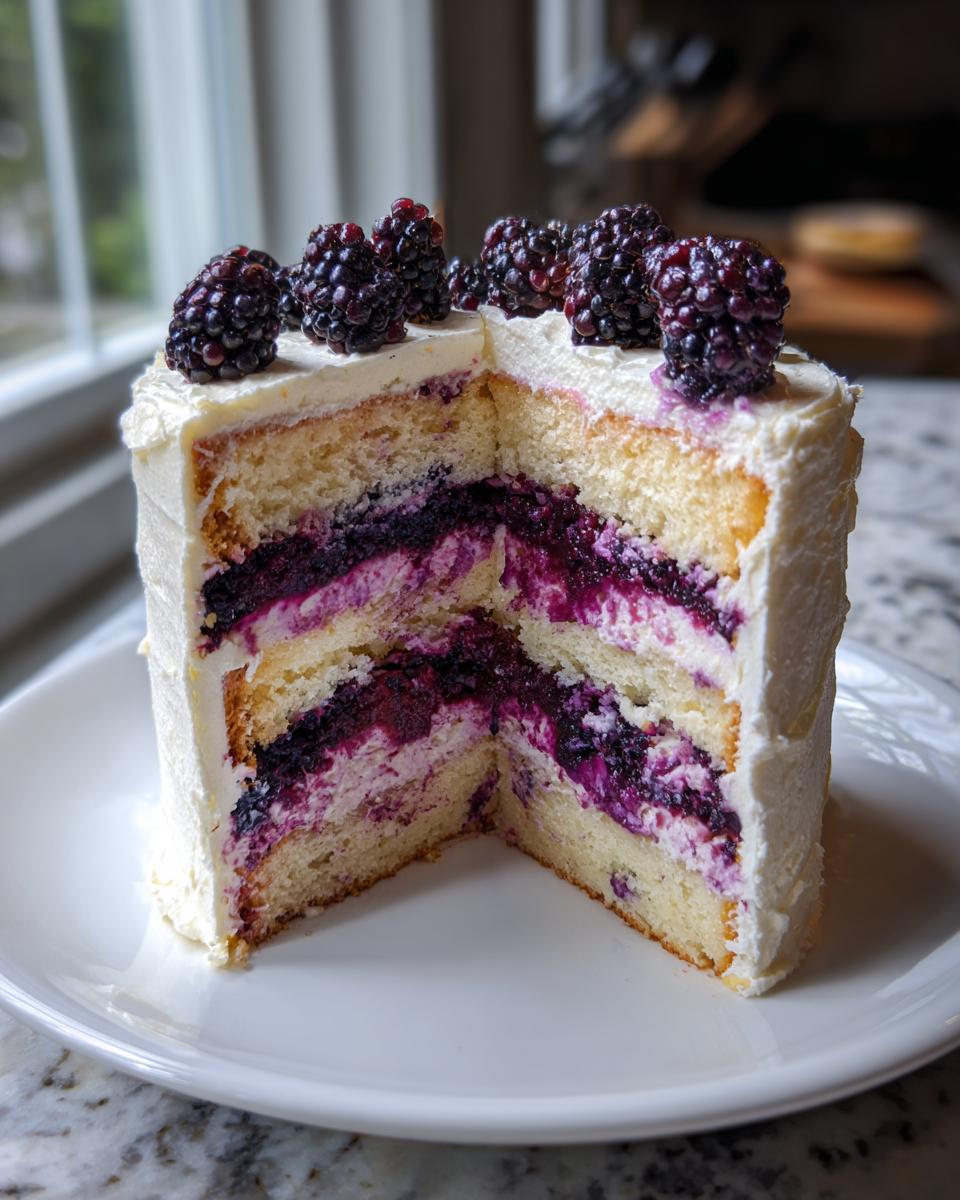 A slice removed from a tall blackberry lavender cake showing layers of vanilla sponge, purple blackberry filling, and white frosting, topped with fresh blackberries.