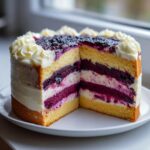 A slice removed from a beautiful blackberry lavender cake showing multiple layers of sponge, cream, and dark berry filling.