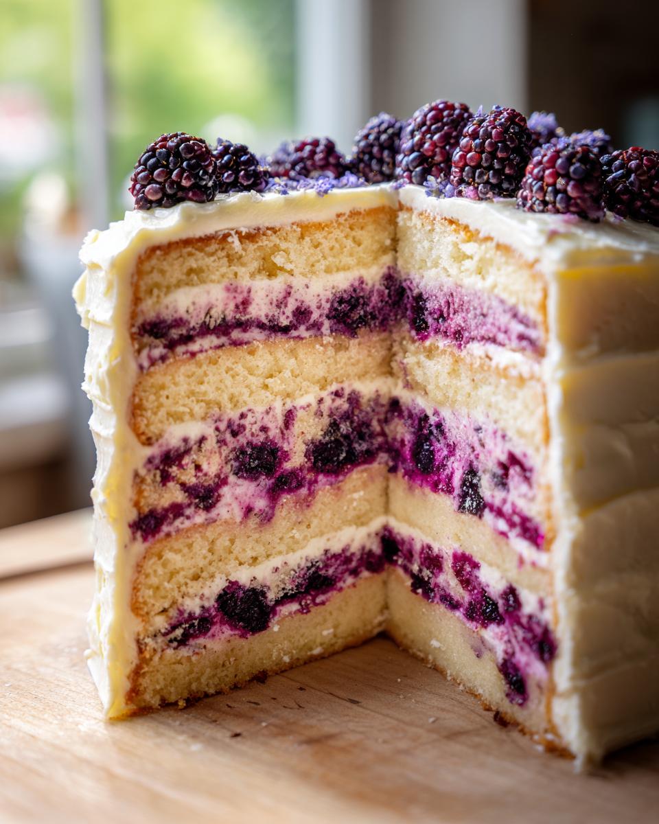 Cross-section view of a tall blackberry lavender cake showing three layers of cake, white frosting, and rich blackberry filling.