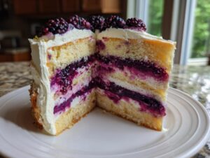 Cross-section of a layered blackberry lavender cake showing vanilla sponge, purple filling, and white frosting topped with fresh blackberries.