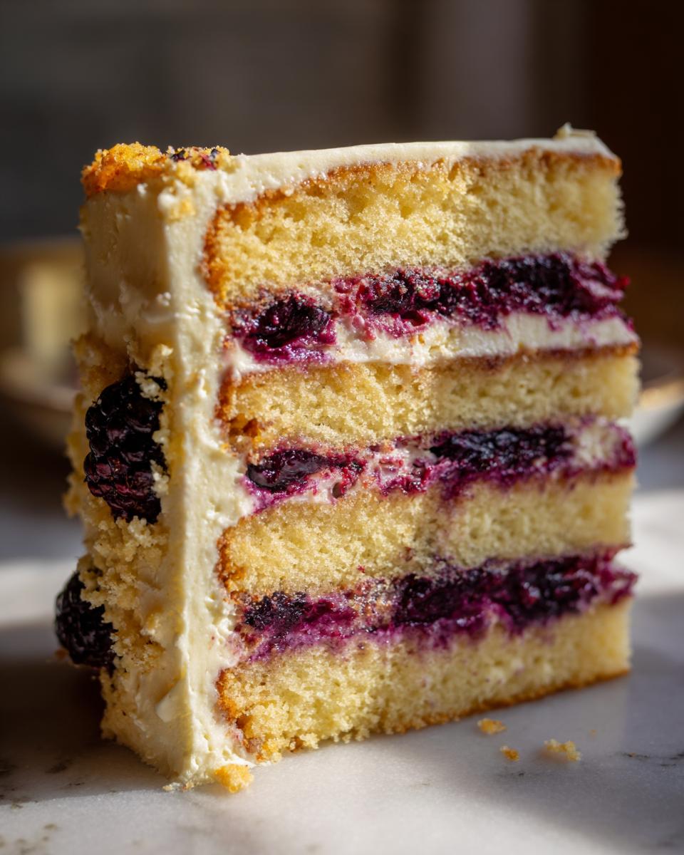 Close-up of a tall slice of blackberry lavender cake showing three layers of yellow sponge, dark berry filling, and white frosting.