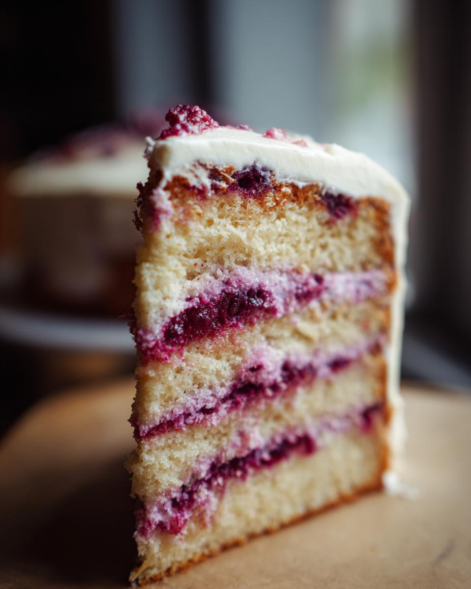 Close-up of a moist slice of blackberry lavender cake showing layers of yellow cake and deep purple berry filling.