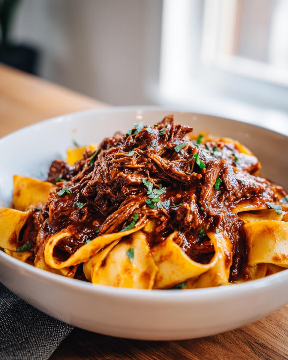 Close-up of a bowl of pappardelle pasta topped generously with rich, shredded braised short rib pasta sauce and fresh parsley.