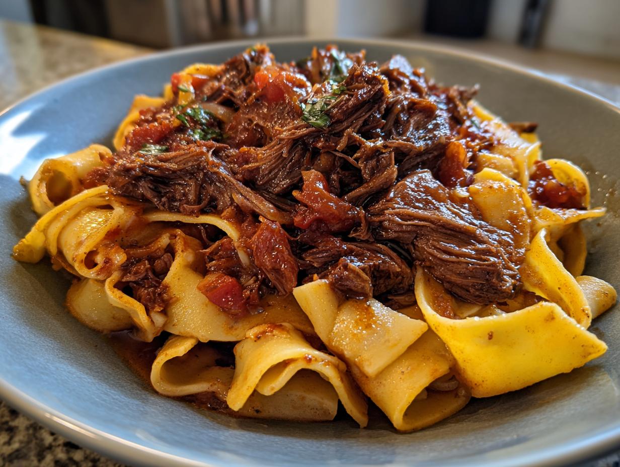 Close-up of rich, tender braised short rib pasta featuring wide pappardelle noodles and a deep red sauce.
