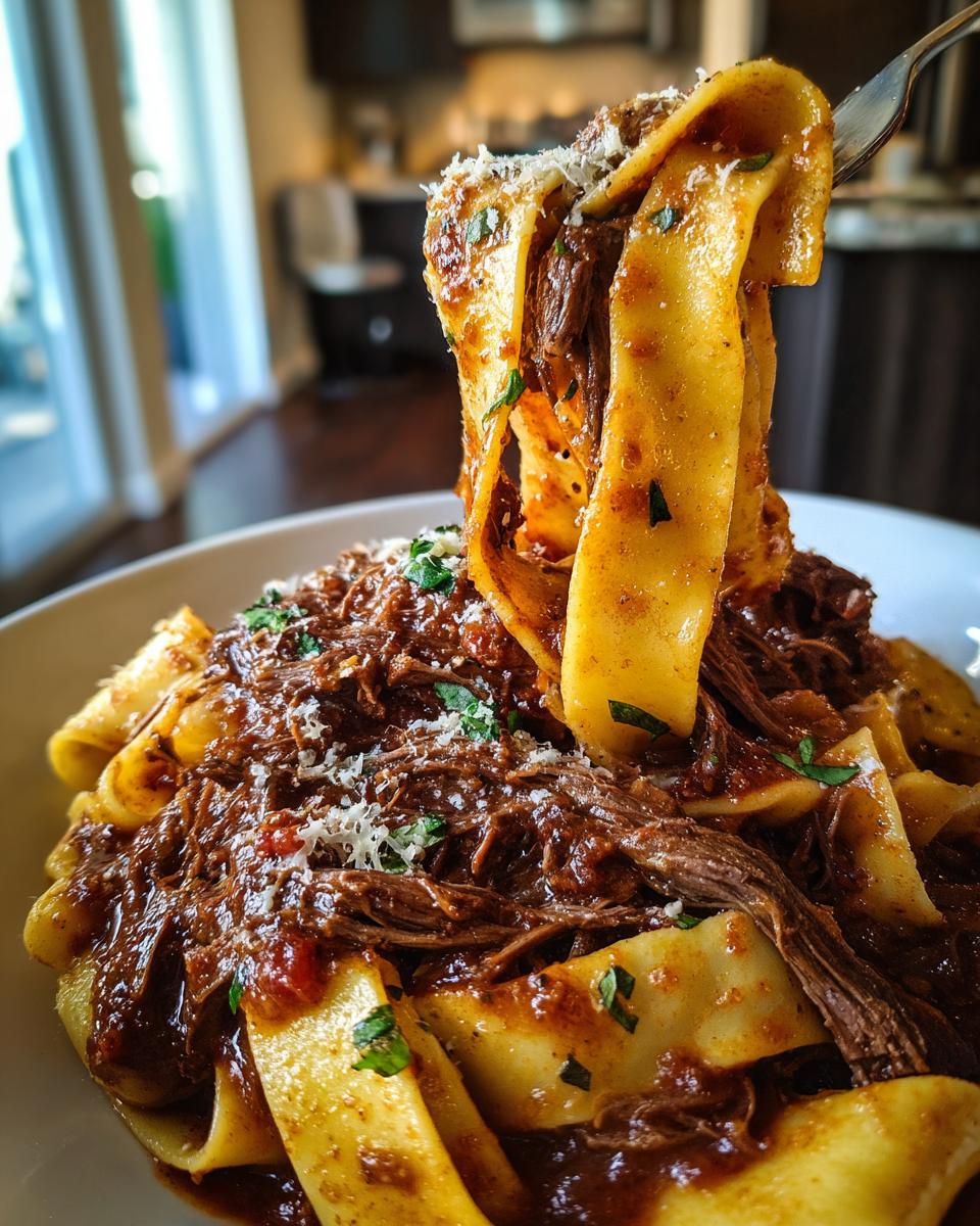 A fork lifts wide ribbons of pasta coated in rich, dark braised short rib pasta sauce, topped with Parmesan.