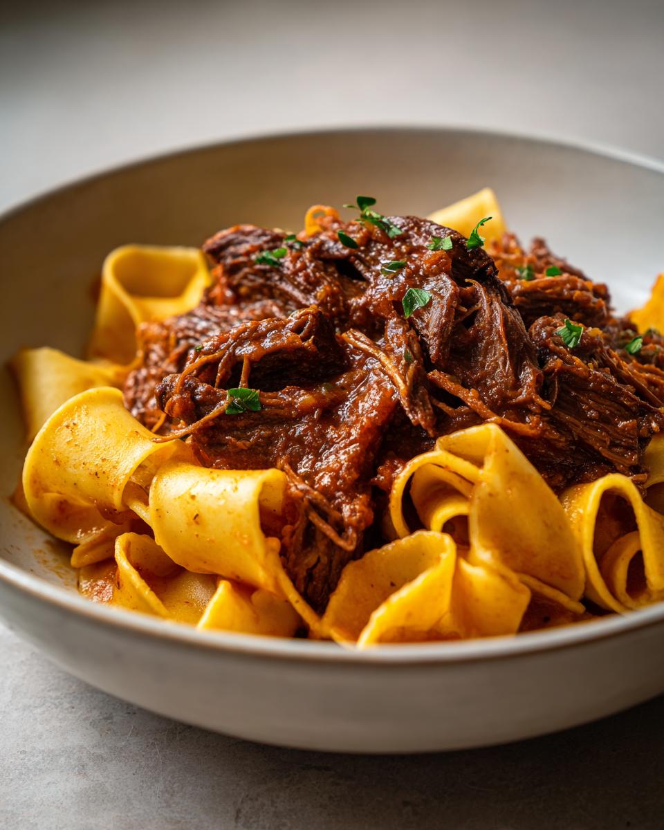 Close-up of a bowl of braised short rib pasta featuring shredded beef in a rich sauce over wide pappardelle noodles.