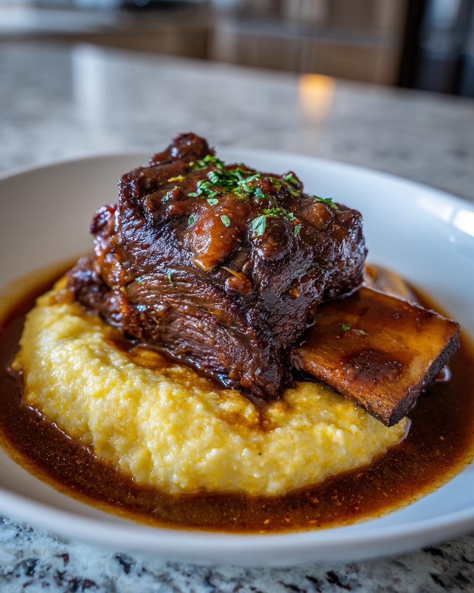 A tender braised short ribs dutch oven served atop creamy yellow grits, drenched in rich brown sauce.