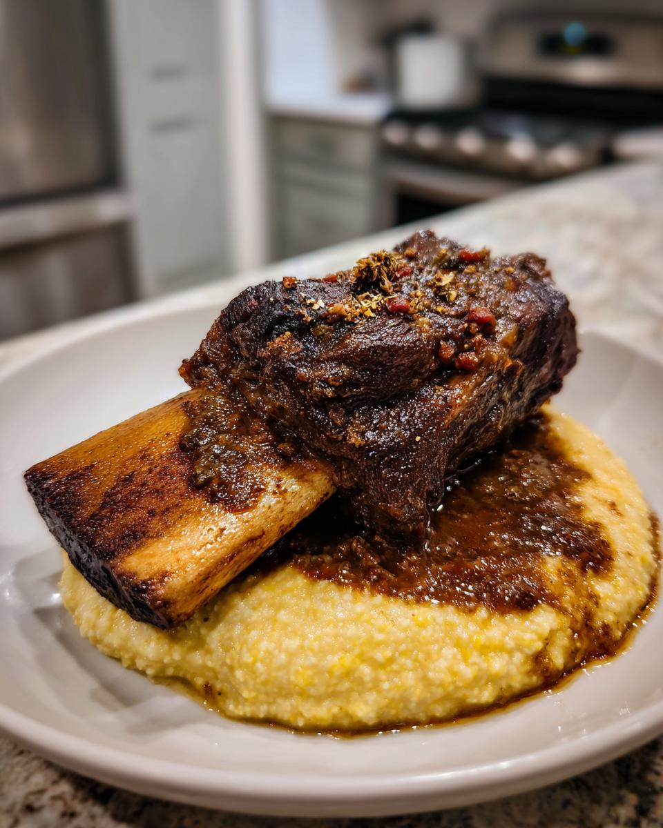 A single braised short ribs dutch oven portion served over creamy yellow grits, drizzled with rich sauce.
