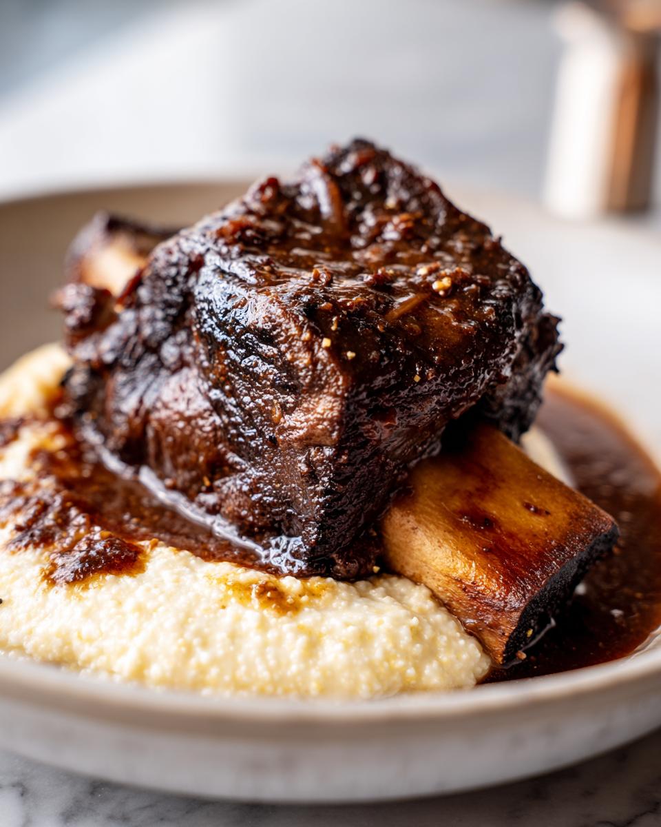 Close-up of a tender braised short ribs dutch oven served over creamy yellow polenta with rich brown sauce.