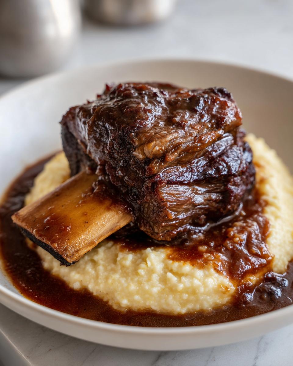 A single, tender braised short ribs dutch oven served atop creamy polenta with rich brown gravy.