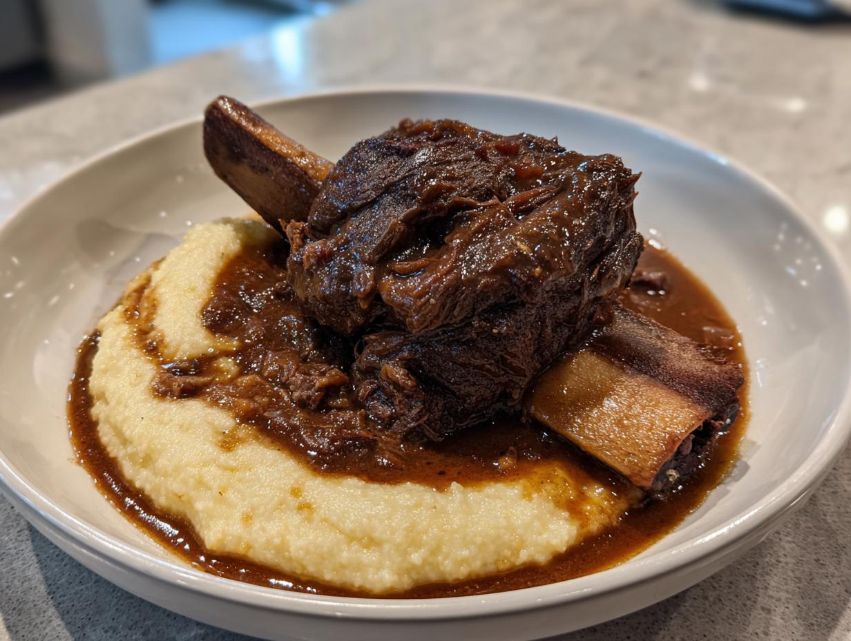A single, tender braised short ribs dutch oven portion served over creamy polenta with rich brown sauce.