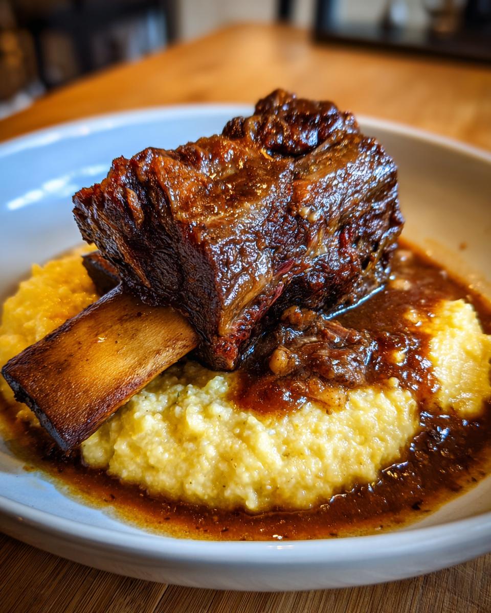 Close-up of a tender braised short ribs instant pot served over creamy yellow grits with rich brown sauce.