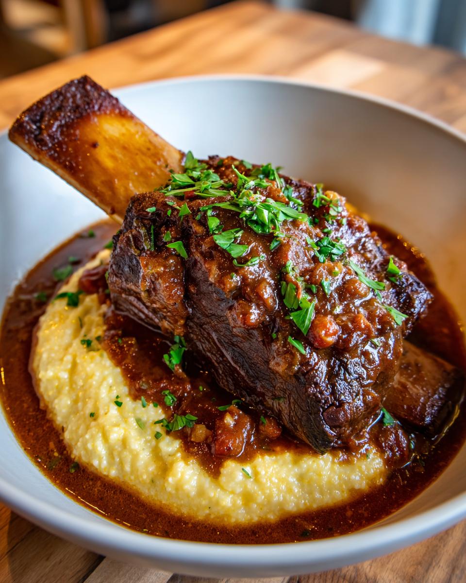 A single, large braised short ribs instant pot served over creamy polenta, drenched in rich sauce and topped with parsley.