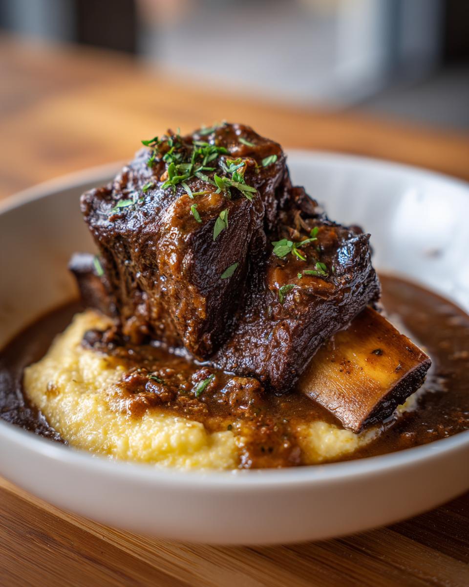 Close-up of tender braised short ribs instant pot served over creamy polenta and rich gravy, garnished with herbs.