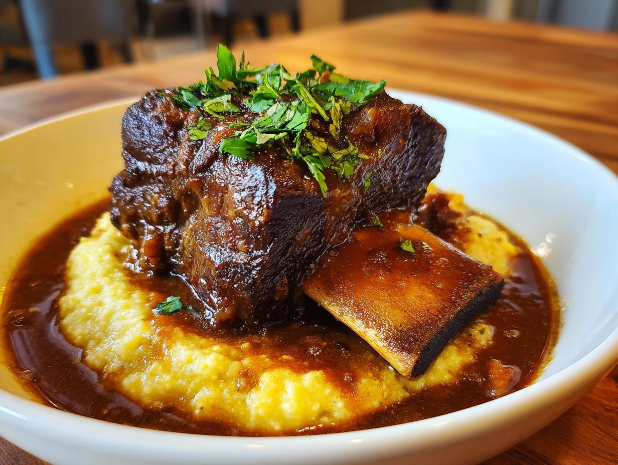 A rich, dark braised short ribs instant pot served over creamy yellow polenta and drizzled with sauce, garnished with parsley.