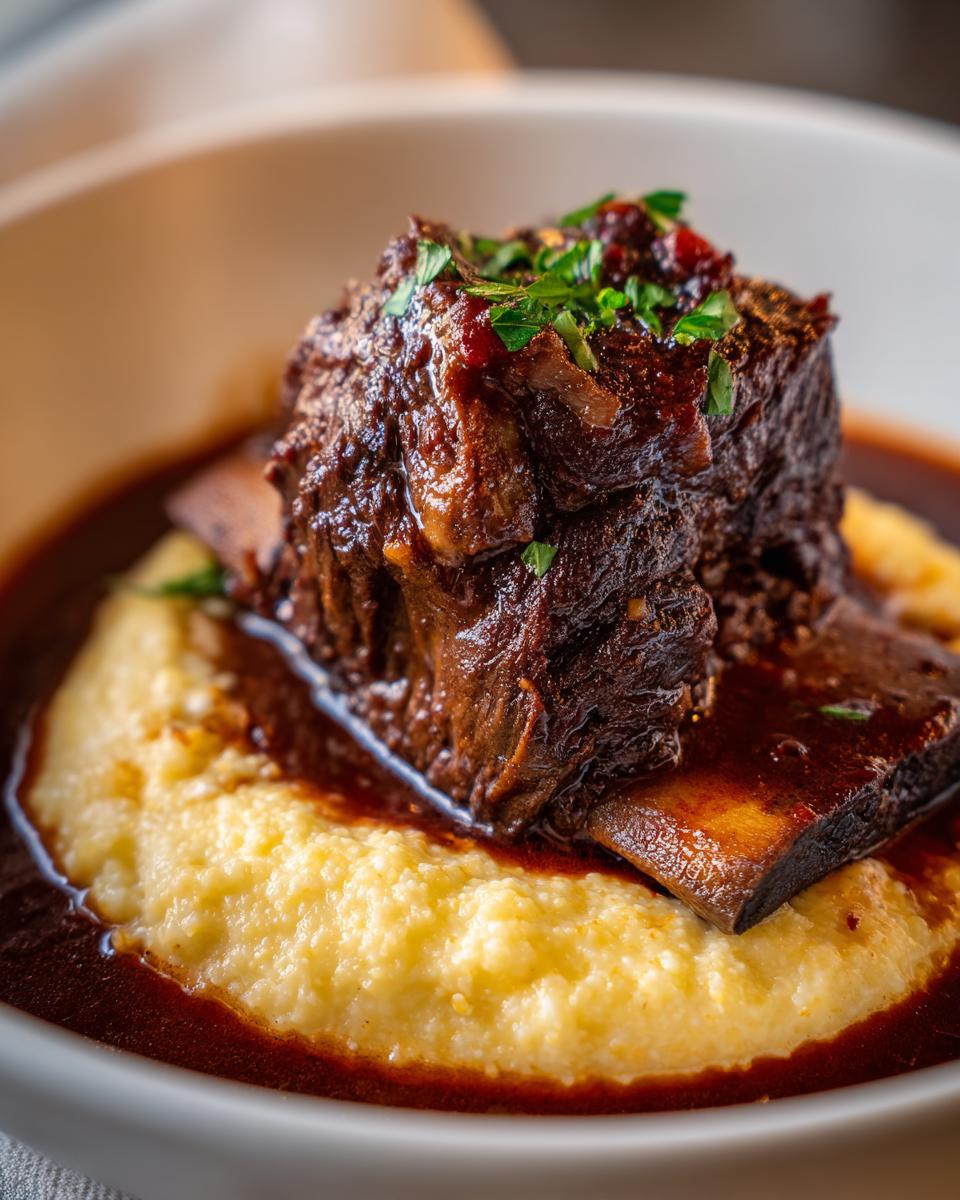 Close-up of a tender braised short ribs piece served over creamy yellow polenta with rich sauce.
