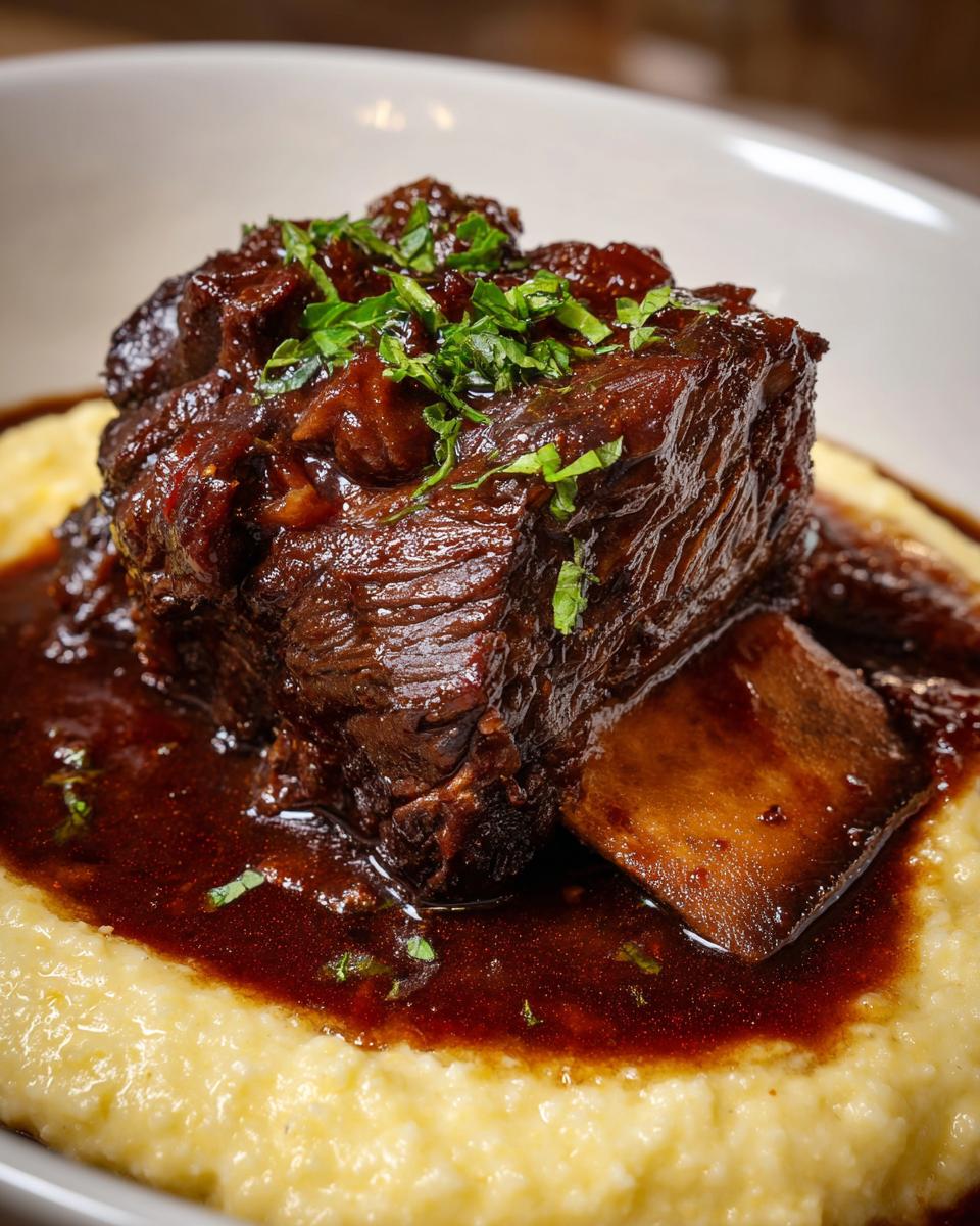 Close-up of a tender braised short ribs piece covered in rich dark sauce, served over creamy polenta and garnished with parsley.