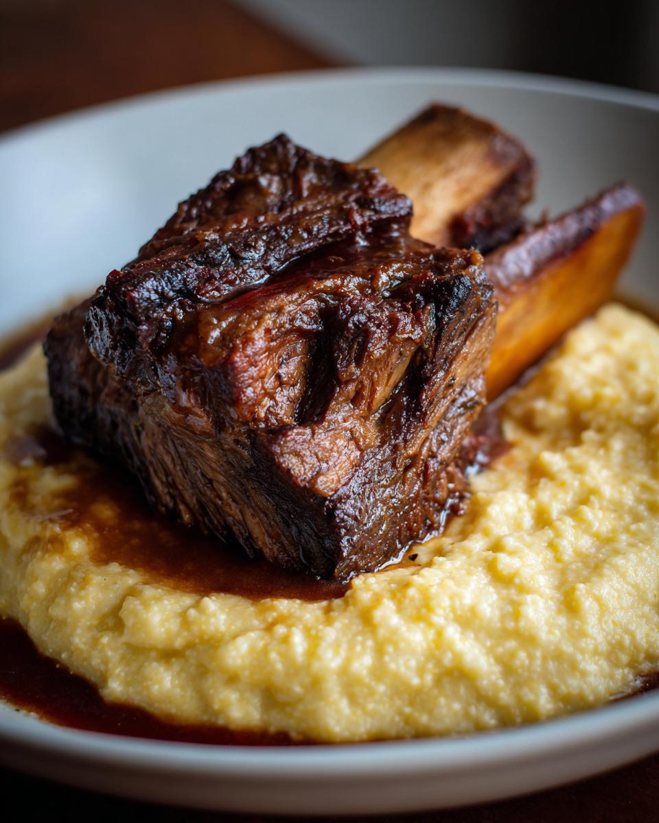 Close-up of tender braised short ribs served over a bed of creamy yellow polenta with rich brown sauce.