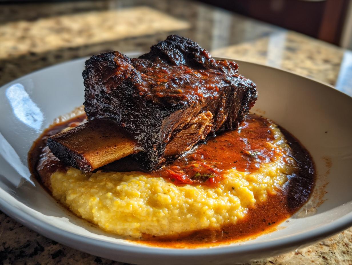 A single, dark, rich braised short ribs bone-in cut resting on a bed of yellow polenta, covered in savory sauce.