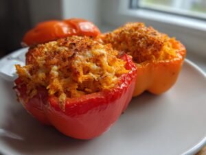 Two baked buffalo chicken stuffed peppers, one red and one orange, topped with a crispy, cheesy crust.