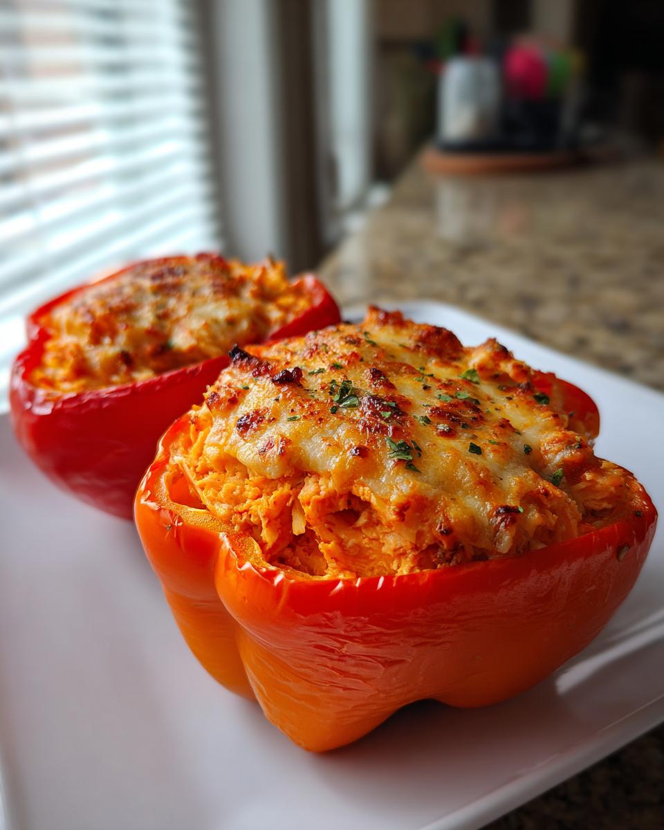 Two vibrant buffalo chicken stuffed peppers, baked with melted, browned cheese topping and fresh herbs.
