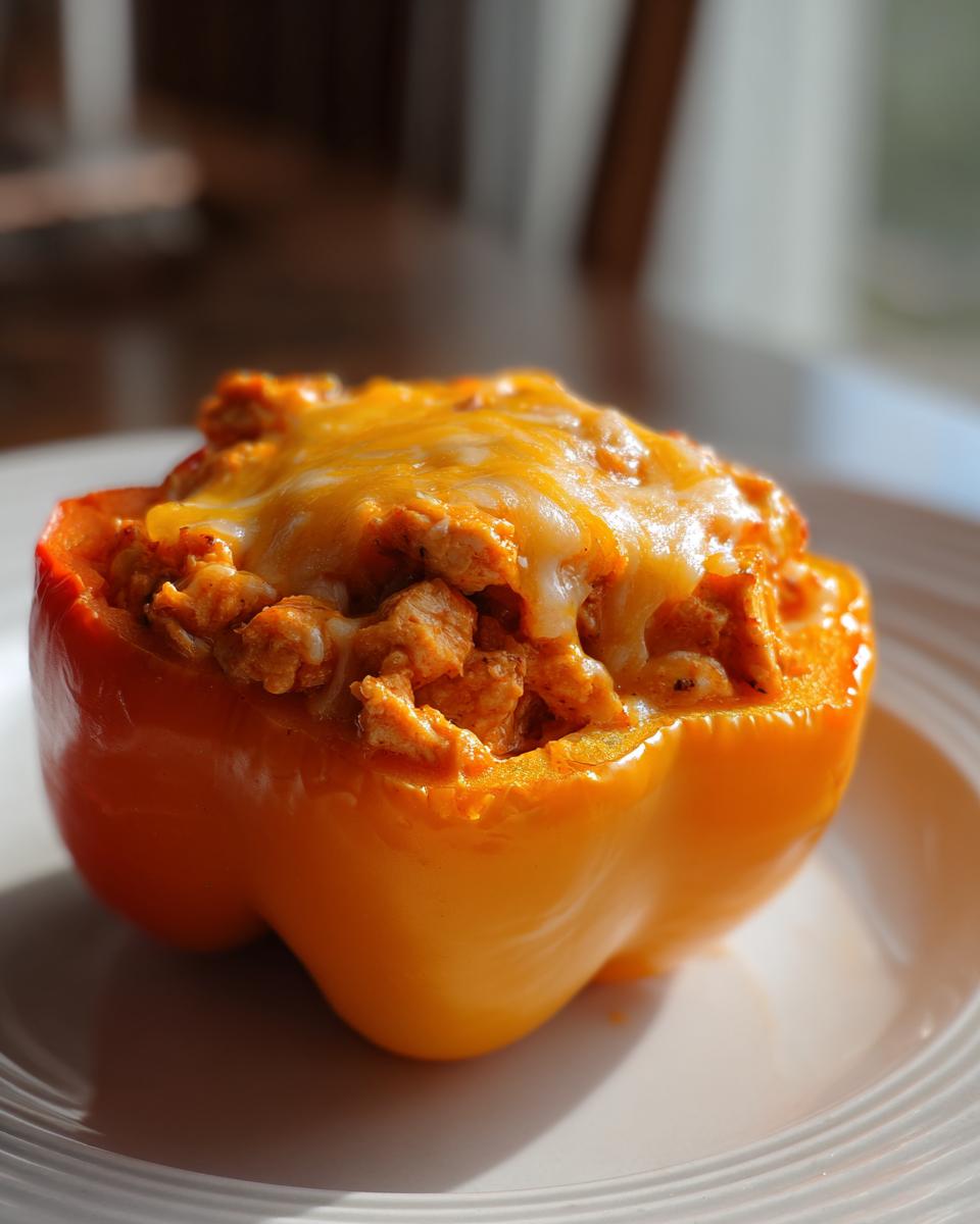 Close-up of a bright orange buffalo chicken stuffed pepper with ground chicken, topped with melted cheddar cheese.