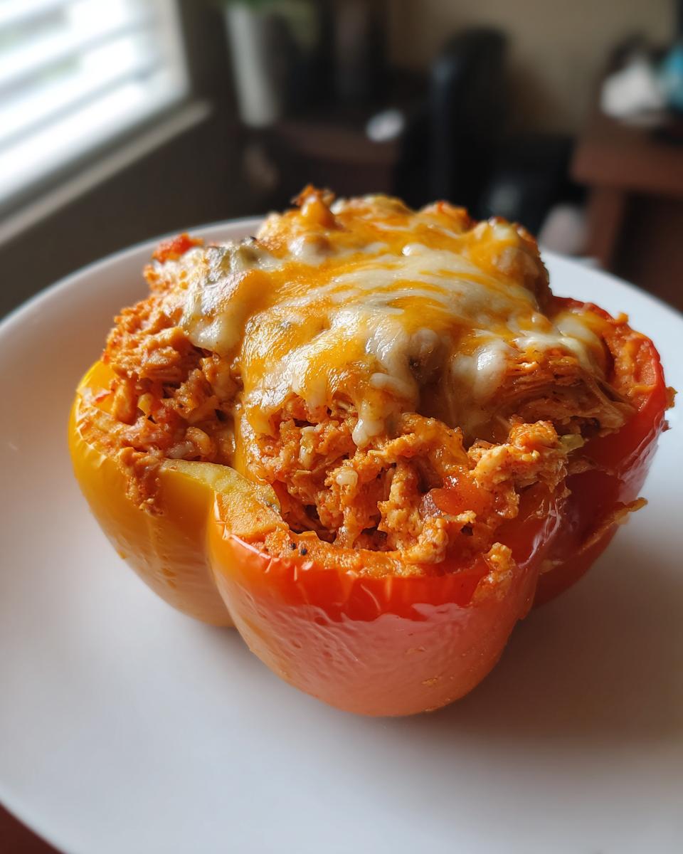 Close-up of a baked buffalo chicken stuffed peppers with ground chicken, topped with melted cheese.