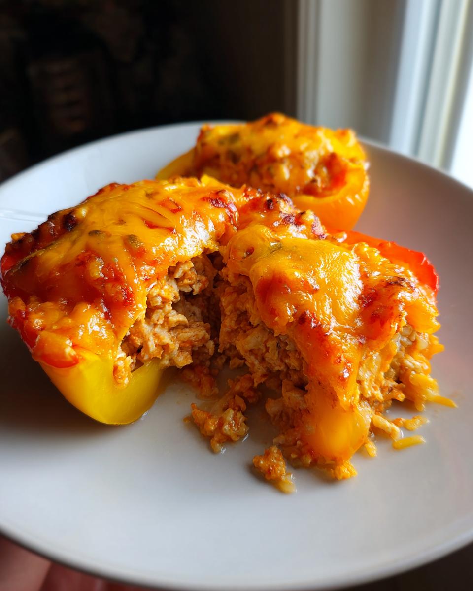 Close-up of buffalo chicken stuffed peppers with ground chicken, topped with melted orange cheddar cheese.